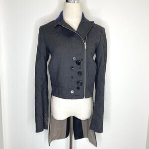 BCBG Maxazria Runway Jacket Buttons Tails Womens XXS Gray Asymmetrical Military